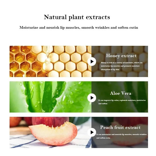Promotional graphic for natural plant extracts with honey, aloe vera, and peach fruit images.