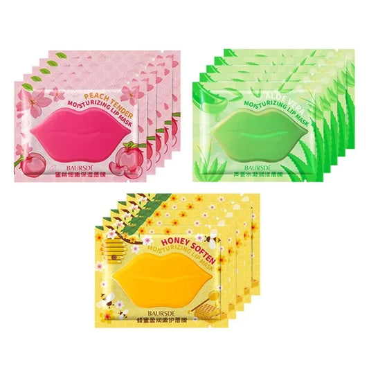 Set of three lip mask packages with different flavors on a white background