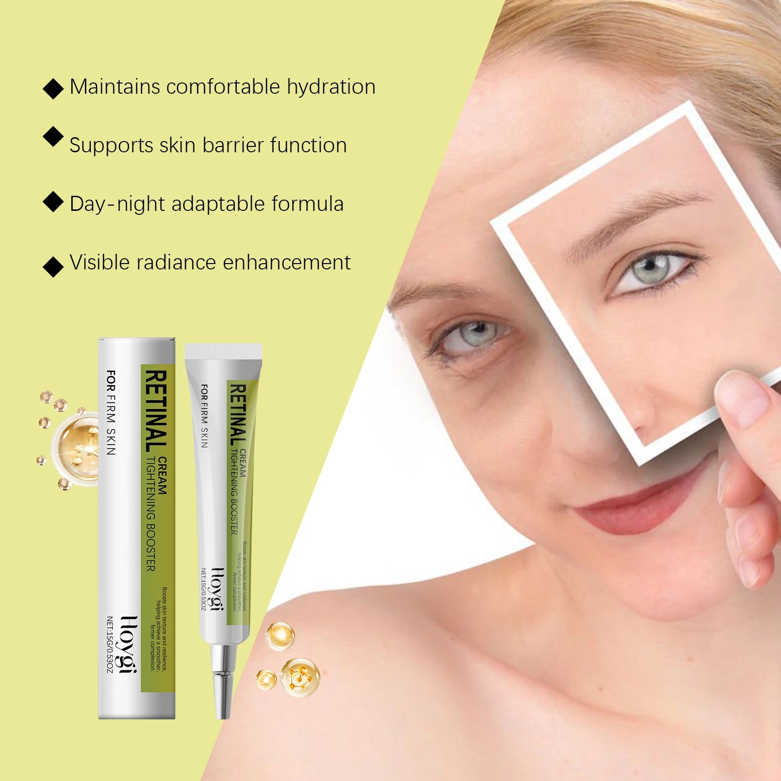 Retinol cream with a woman applying it to her face on a green background