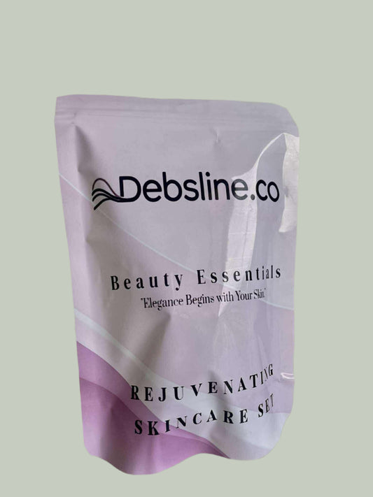 Debsline.co beauty essentials packaging on a light green background