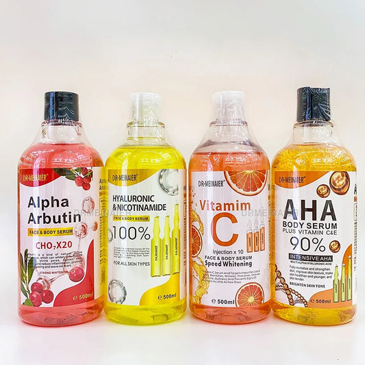 Four bottles of Dr. Meinel skincare products on a white background