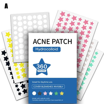 Acne patch packaging with colorful star-shaped patches on a white background