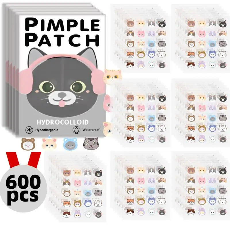 Pimple patch packaging with cartoon cat design and animal-themed patches.