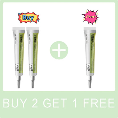 Three Retinol cream tubes with promotional text on a light green background