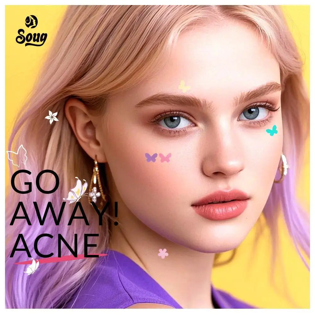 Person with blonde hair and blue eyes against a yellow background with 'Soug' branding and text 'GO AWAY! ACNE'.