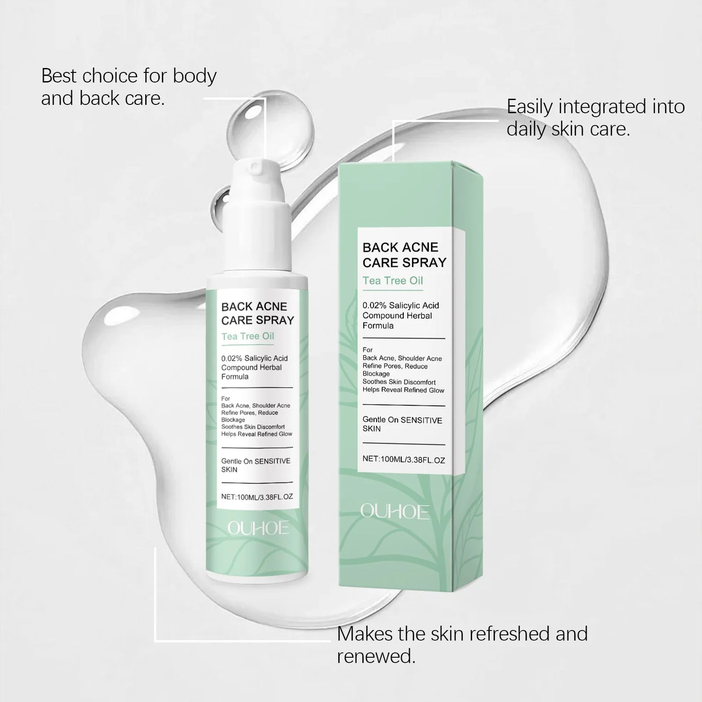 OUHOE Back Acne Care Spray bottle and packaging on a white background