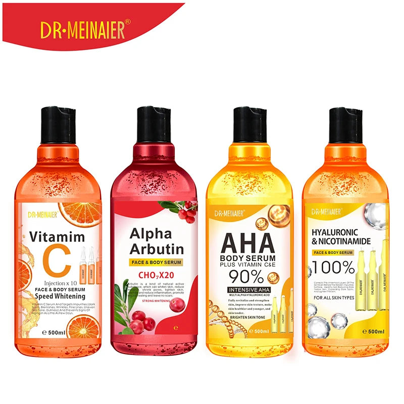 Four bottles of Dr. Meinaier skincare products on a white background