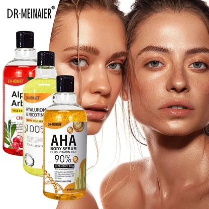 Dr. Meinaier AHA body serum with a woman's face and other skincare products in the background.