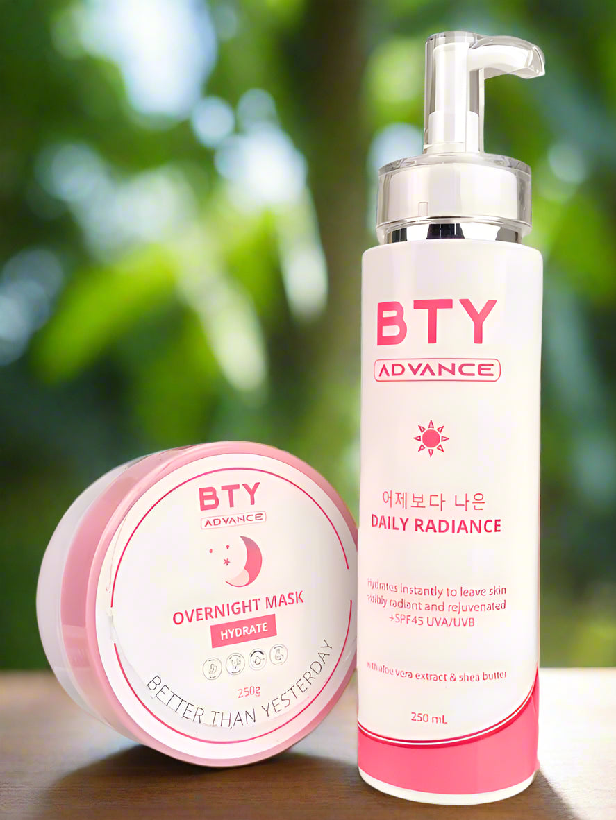BTY Advance Daily Radiance SPF45 UVA/UVB Face and Body Lotion 250ml or Overnight Mask Hydrate in Tub 250g