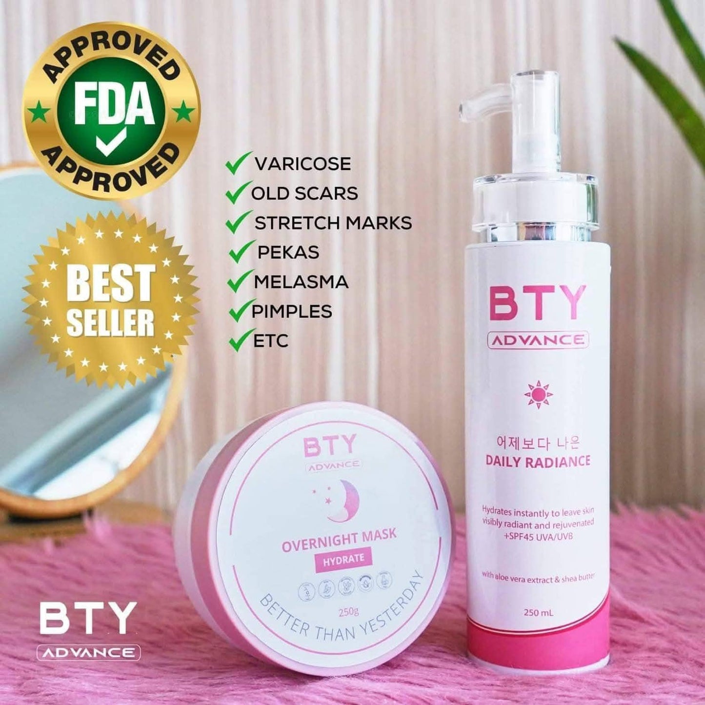 BTY Advance Daily Radiance SPF45 UVA/UVB Face and Body Lotion 250ml or Overnight Mask Hydrate in Tub 250g