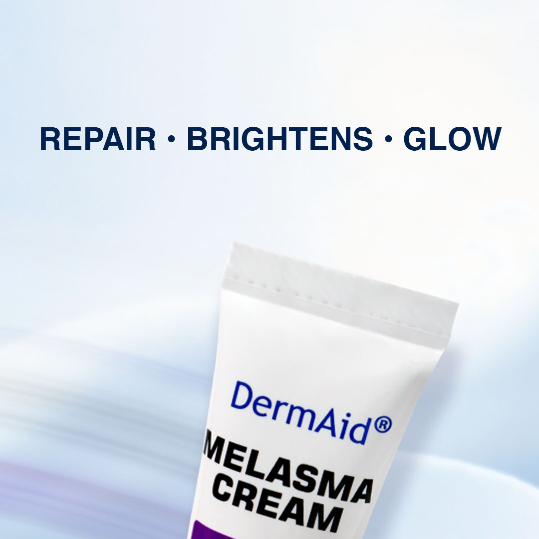 DermAid Melasma Cream packaging with text 'Repair, Brightens, Glow' on a gradient background