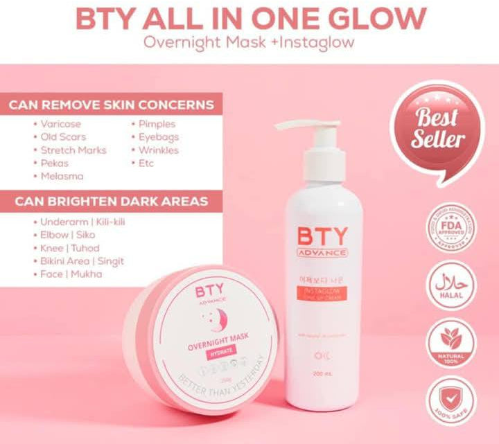BTY Advance Daily Radiance SPF45 UVA/UVB Face and Body Lotion 250ml or Overnight Mask Hydrate in Tub 250g