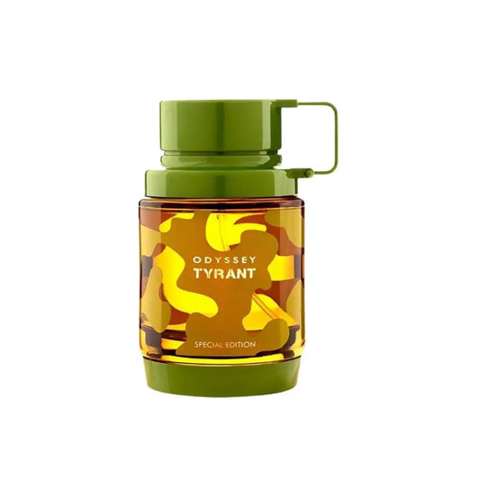 Green and yellow bottle with 'Odyssey Tyrant' branding on a white background