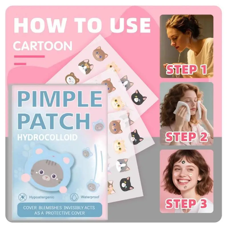 Instructions for using cartoon pimple patches with step-by-step guide on a pink background.