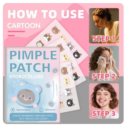 Instructions for using cartoon pimple patches with step-by-step guide on a pink background.