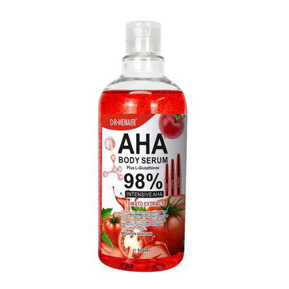 Bottle of Dr. Heimax AHA Body Serum with tomato extract on a white background
