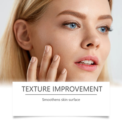 Close-up of a woman's face with text 'Texture Improvement' and 'Smothers skin surface'.