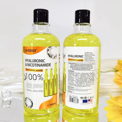 Two bottles of Dr. Meinaier Hyaluronic & Nicotinamide serum with a white background and yellow flowers.