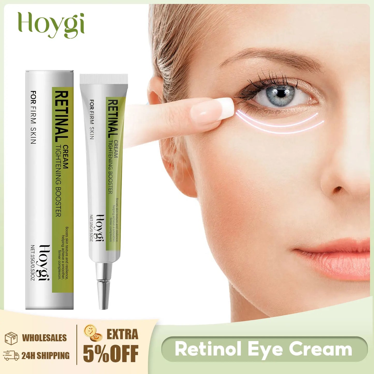Retinol eye cream with a woman applying it, Hoygi brand visible