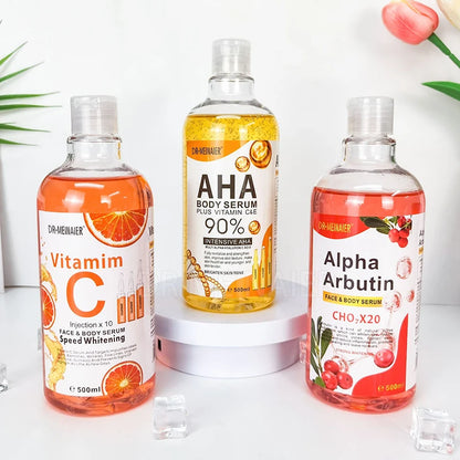Three bottles of skincare products with labels on a white background