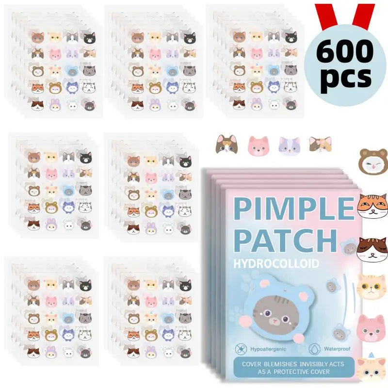 Packaging of pimple patches with cartoon designs and a count label on a white background.