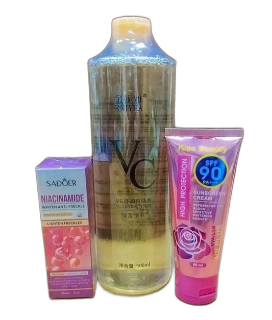 Three skincare products on a white background