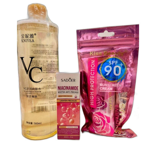 Three skincare products including a bottle, a box, and a pink packaging with SPF 90+