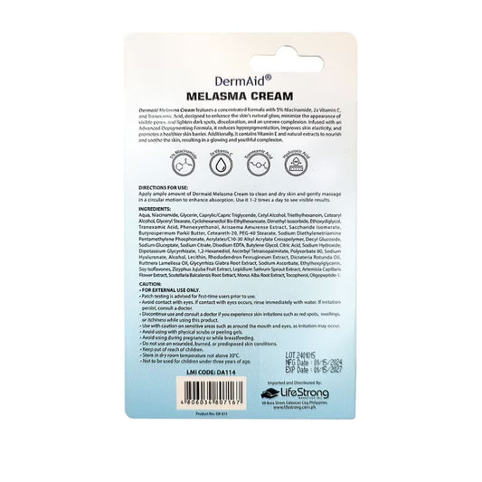 Back label of DermAid Melasma Cream packaging with text and product details.