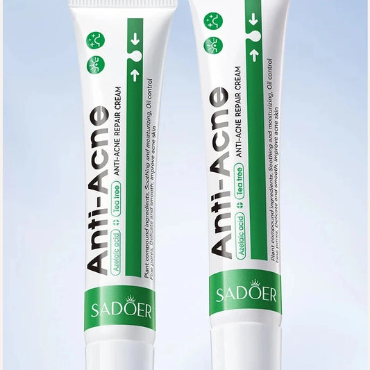 Two tubes of Sadoer Anti-Acne repair cream on a light blue background