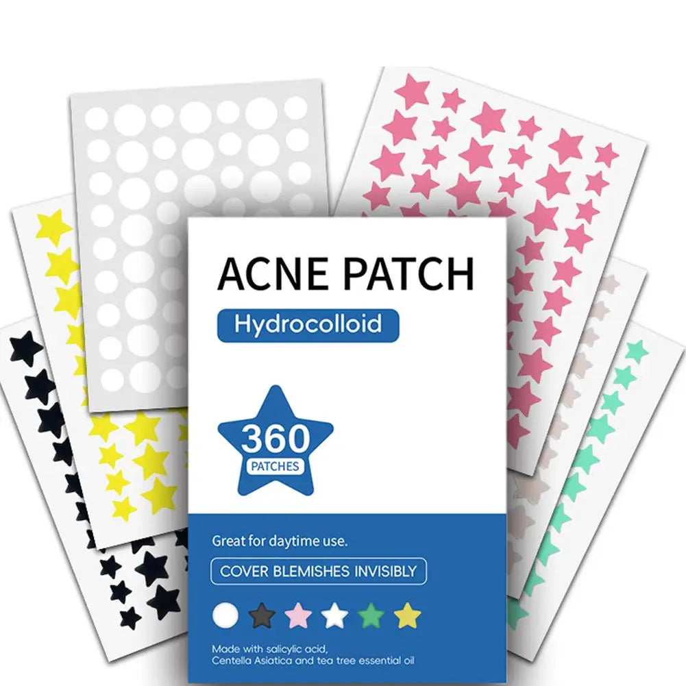 Acne patch packaging with colorful star-shaped patches on a white background