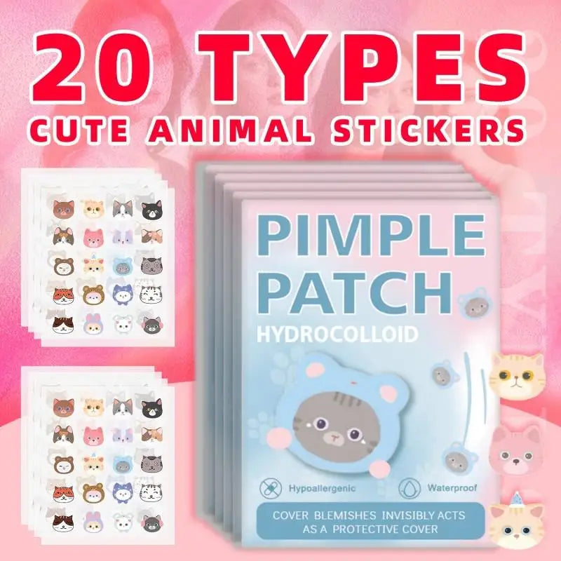 Pimple patch hydrocolloid with cute animal stickers on a pink background