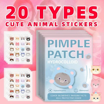 Pimple patch hydrocolloid with cute animal stickers on a pink background