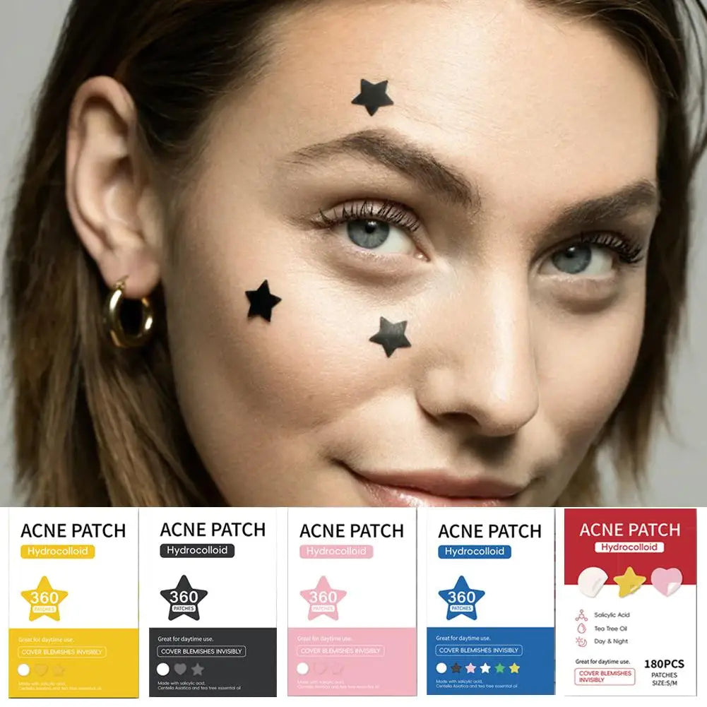 Woman with star-shaped acne patches on her face, alongside various acne patch products.