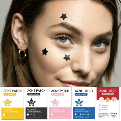 Woman with star-shaped acne patches on her face, alongside various acne patch products.