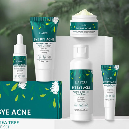 Laikou Bye Bye Acne skincare product set with various bottles and tubes on a green leafy background.