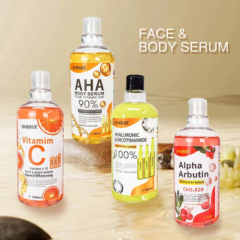 Four bottles of face and body serum with different ingredients on a beige background