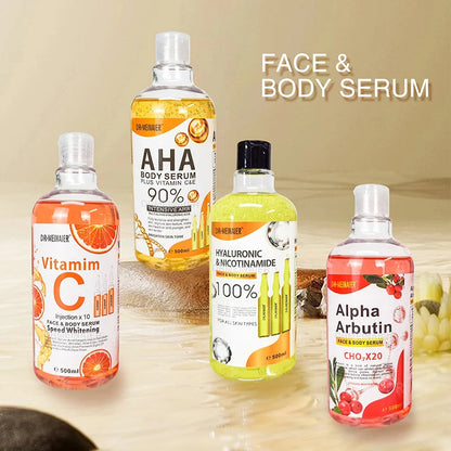 Four bottles of face and body serum with different ingredients on a beige background