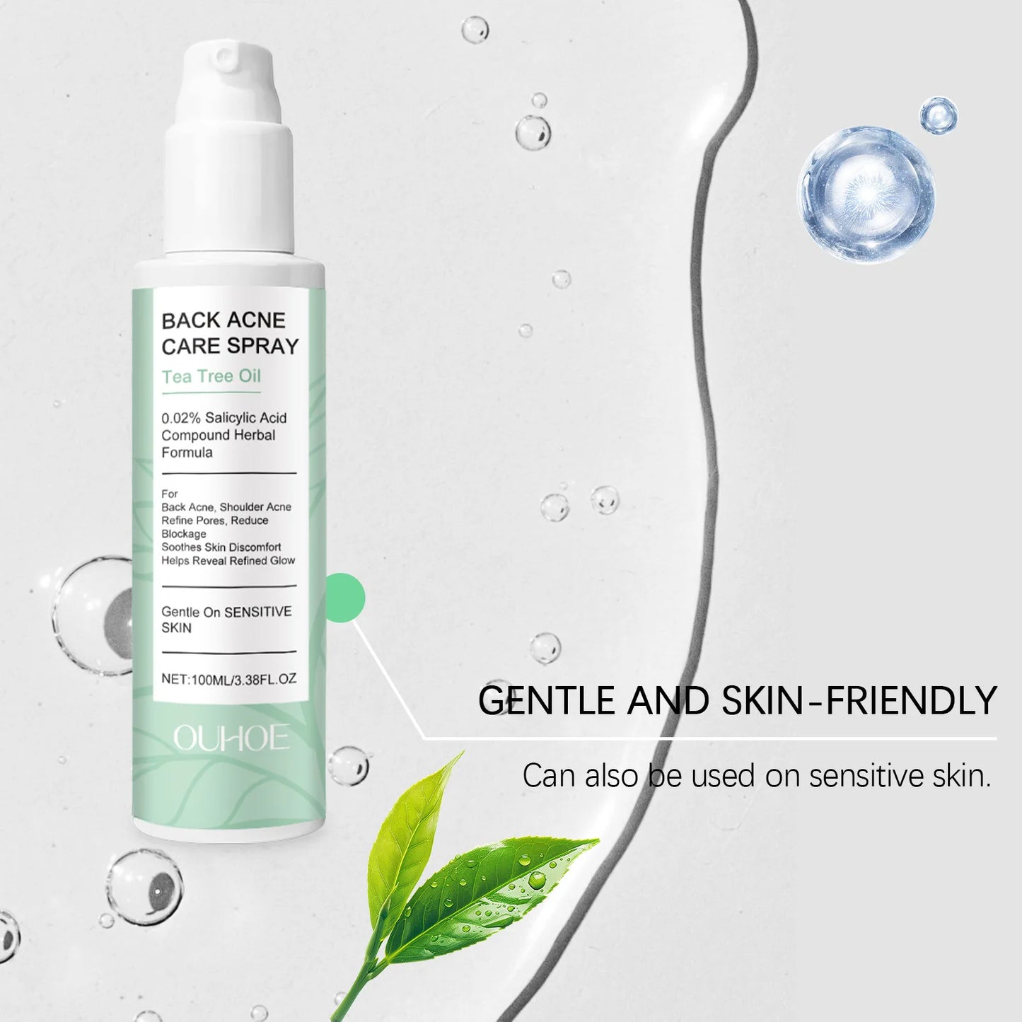 Back Acne Care Spray bottle with green leaf and water droplets on a light gray background