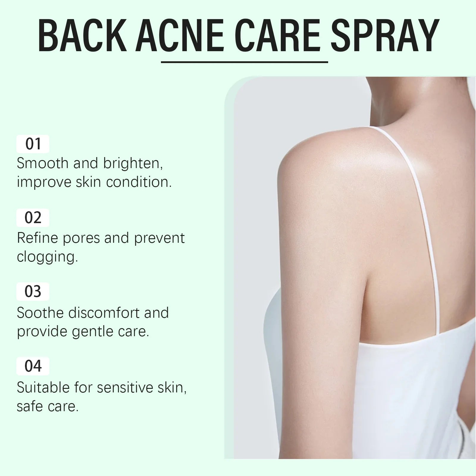 Back acne care spray advertisement with a person wearing a white tank top, showing their back.