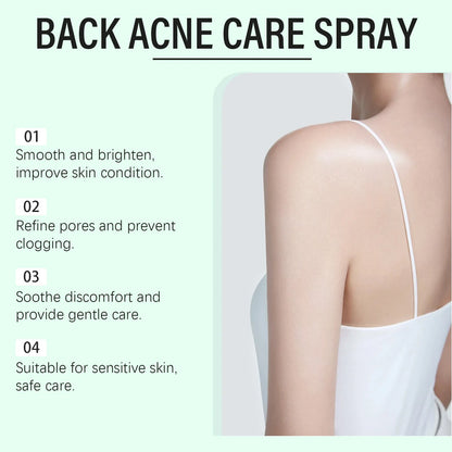 Back acne care spray advertisement with a person wearing a white tank top, showing their back.