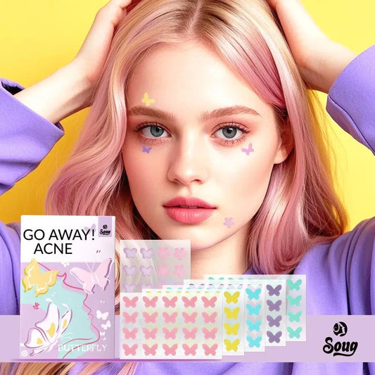 Woman with pink hair and butterfly stickers on a yellow background, with 'Go Away! Acne' product packaging.