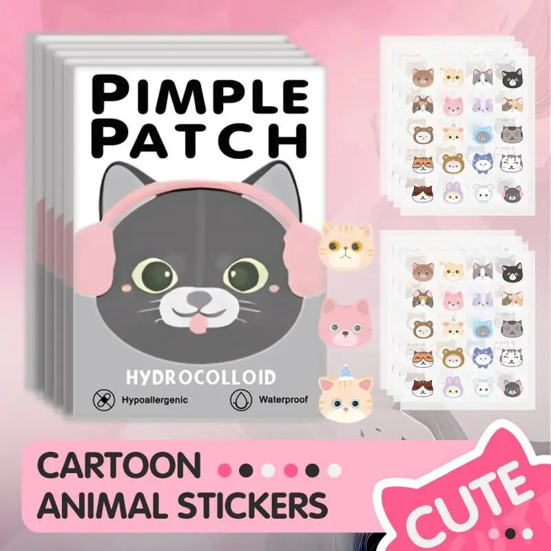 Pimple patch with cartoon animal stickers on a pink background