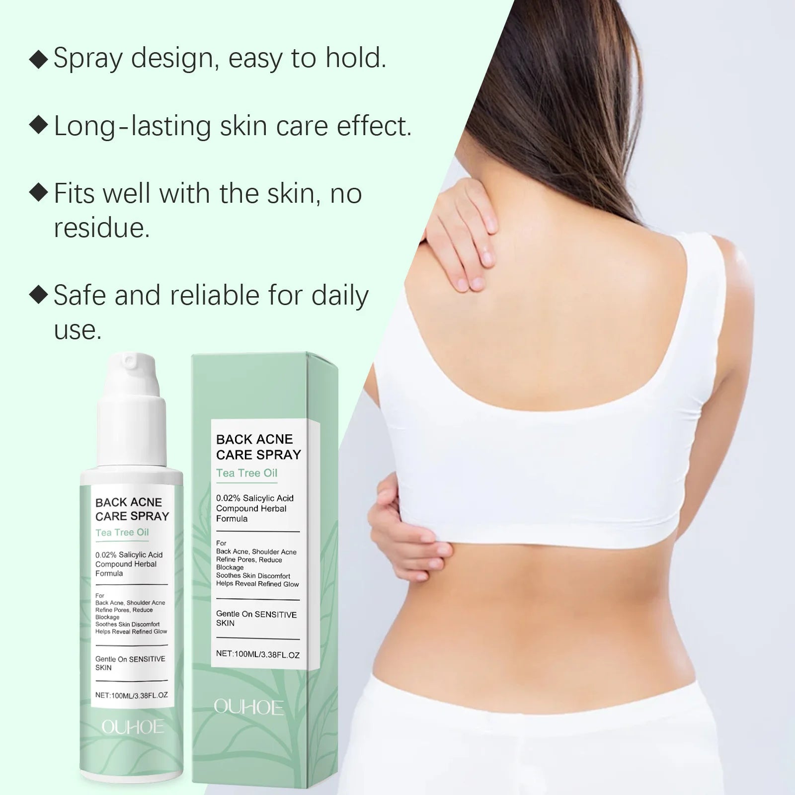 Back acne care spray with packaging and a person wearing a white sports bra.