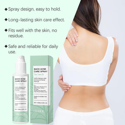 Back acne care spray with packaging and a person wearing a white sports bra.
