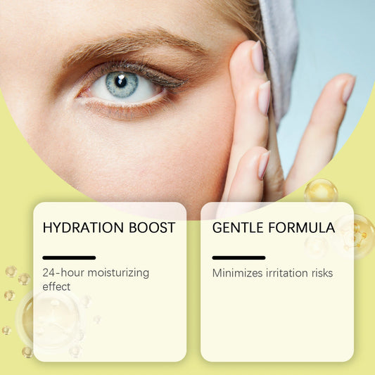 Close-up of a person's eye with skincare product text overlay on a green background