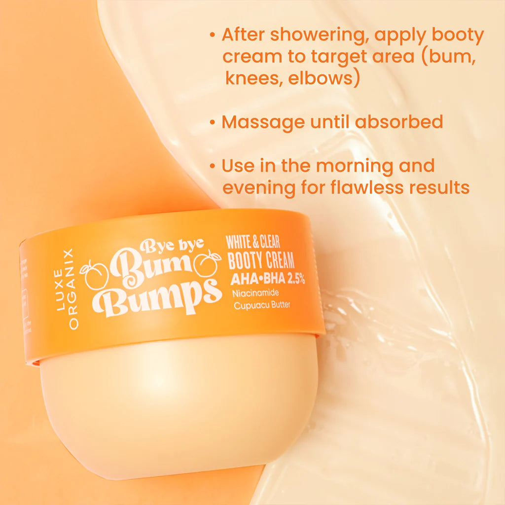 Luxe Organix Bye Bye Bum Bumps White or Clear Booty Scrub Cream AHA.BHA 2.5% 230g-Debsline.co